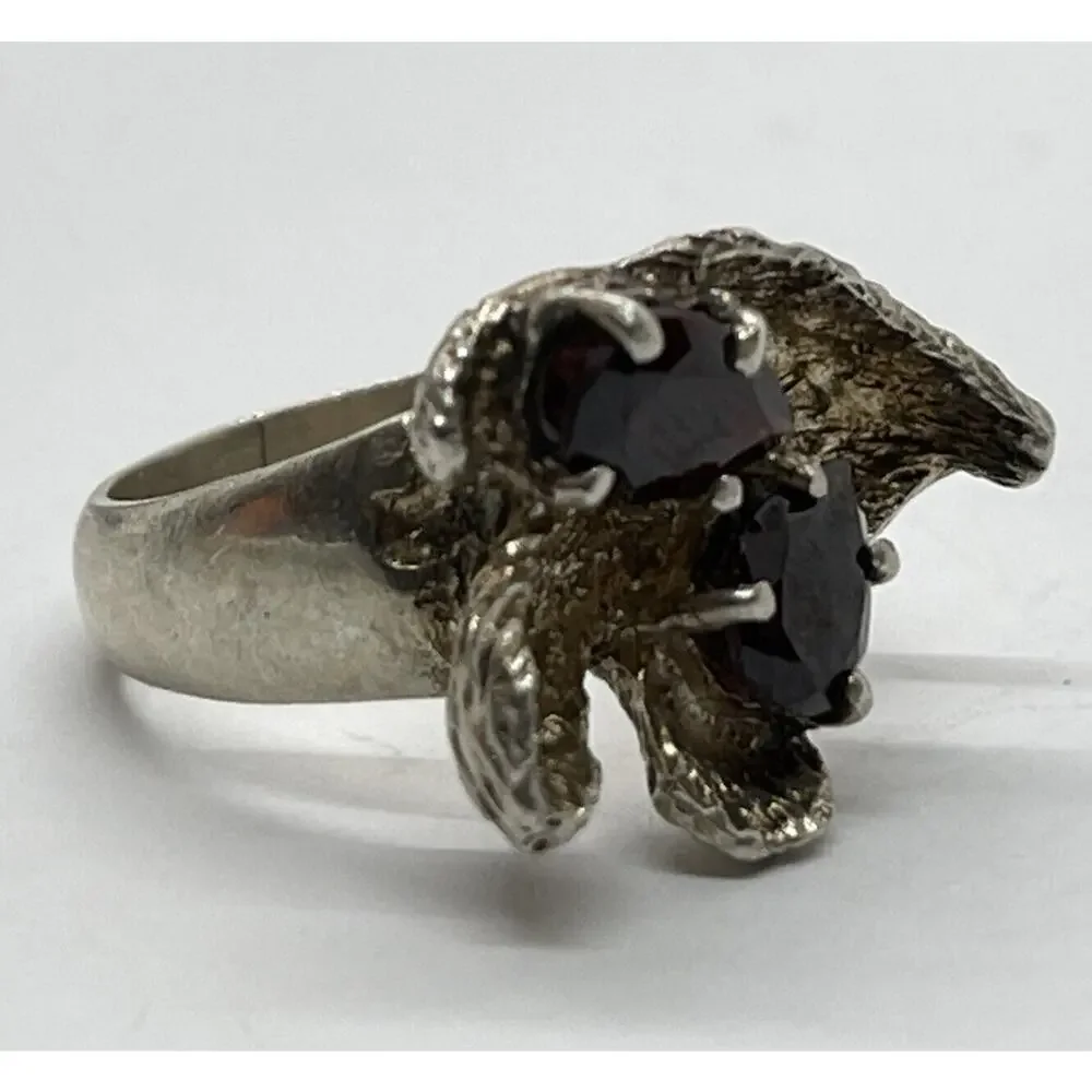 Vintage Sterling Silver Ring 925 Size 6.5 Band Unique Red Garnet Brutalist
